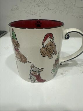 Christmas Dogs Holiday Coffee Mug Red Interior Ceramic Scroll Handle 20 Oz